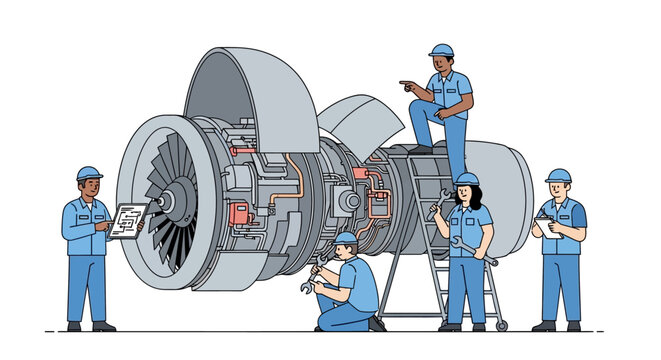Aircraft Engine Maintenance Team Working on Jet Engine.