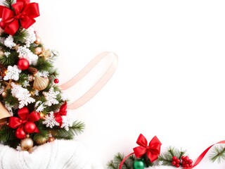 Festive background with decorated christmas tree, snow, red bows