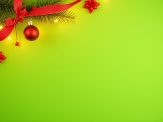 Christmas background with fir branches, red bauble, ribbon, lights.