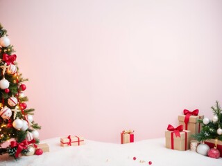Christmas tree, gifts on pink, festive holiday season background