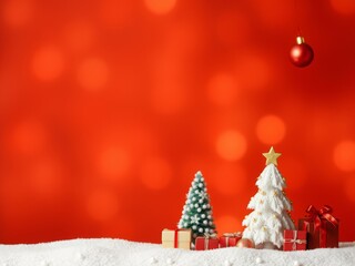 Bright red holiday background with mini trees, gifts, and snow