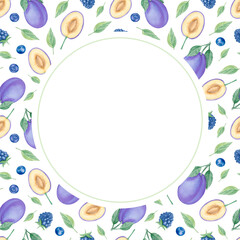 Fototapeta premium Watercolor round fruit frame with plums, blackberries and green leaves on white background. Botanical berry illustration border for jam labels, packaging, invitations, cards, tags and summer design.
