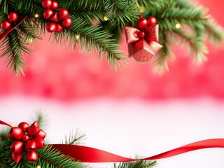 Holiday fir branches with red ornaments and ribbon festive bokeh