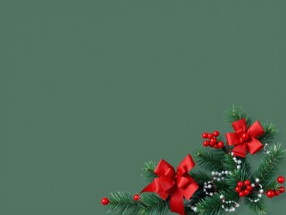 Festive holiday pine branches with red bows and berries on green