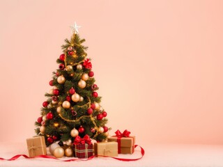 Festive christmas tree with red gold gifts and twinkling lights