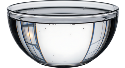 A clear glass bowl filled with water and small bubbles sits against a black background in a studio shot