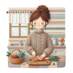 Cute illustration of a woman chopping vegetables in a cozy knitted kitchen. Soft textures and pastel shades create a warm, handmade aesthetic. Vector illustration