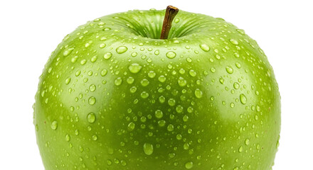 A close up view of a green apple with water droplets on its surface against a black background