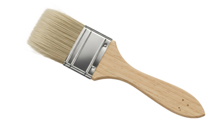 A close up of a paint brush with a wooden handle and silver metal on a black background studio shot