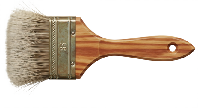 A close up of a paint brush with a wooden handle and bristles on a black background studio shot