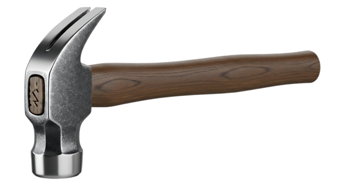 A close up shot of a claw hammer with a metal head and wooden handle on a black background space