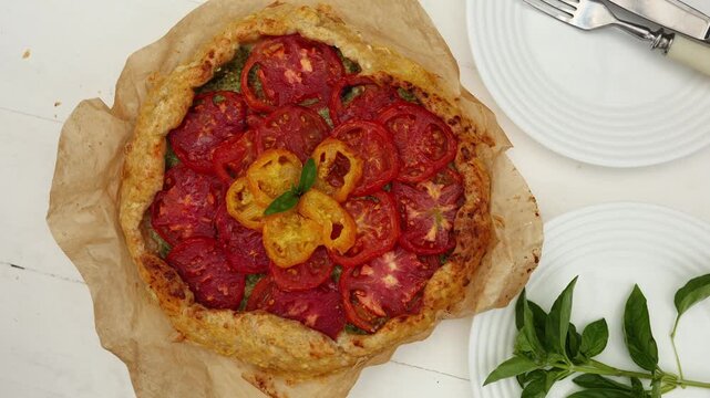 A delicious tomato galette is displayed on parchment paper, showcasing layers of vibrant red and yellow tomatoes atop a flaky crust in a warm kitchen atmosphere.