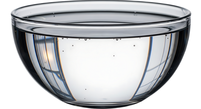 A clear glass bowl filled with water and small bubbles sits against a black background in a studio shot