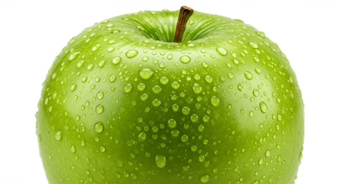 A close up view of a green apple with water droplets on its surface against a black background