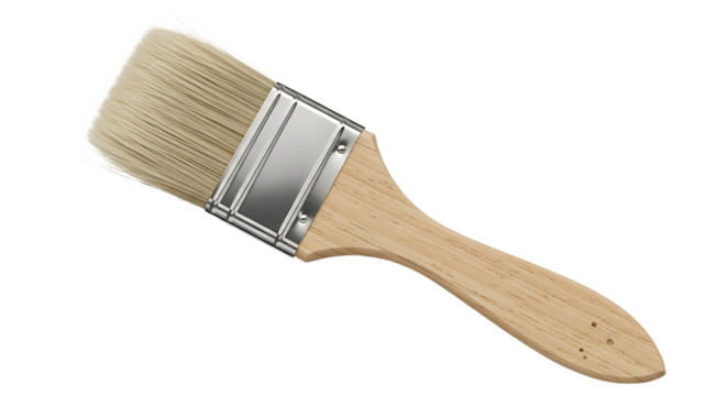 A close up of a paint brush with a wooden handle and silver metal on a black background studio shot