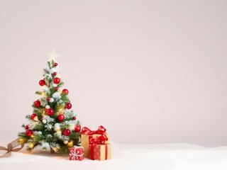 Christmas tree with bright lights, red ornaments, gifts and snow