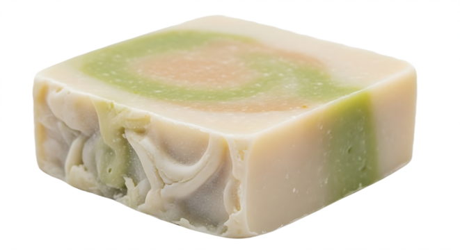 A single square bar of layered soap with green and peach swirl on a transparent background
