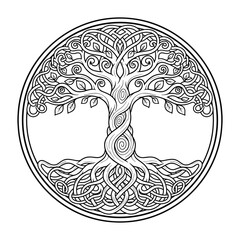 Celtic Tree of Life Vector – Yggdrasil Tree Knotwork Circle Design, Roots and Branches Mandala Vector Illustration, isolated black and white art