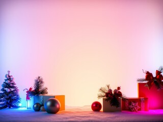 Vibrant neon christmas display with gifts and trees on snow