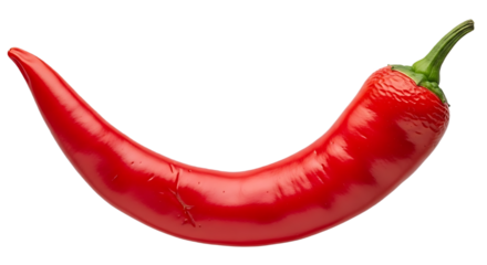 Close up of a single shiny red chili pepper with a green stem against a black background