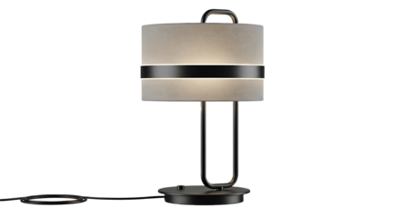 Close up of a modern table lamp with a light shade and a dark metal frame on a black background