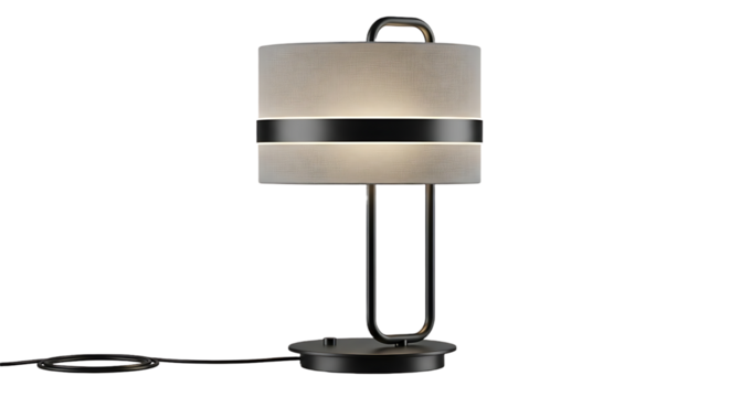 Close up of a modern table lamp with a light shade and a dark metal frame on a black background