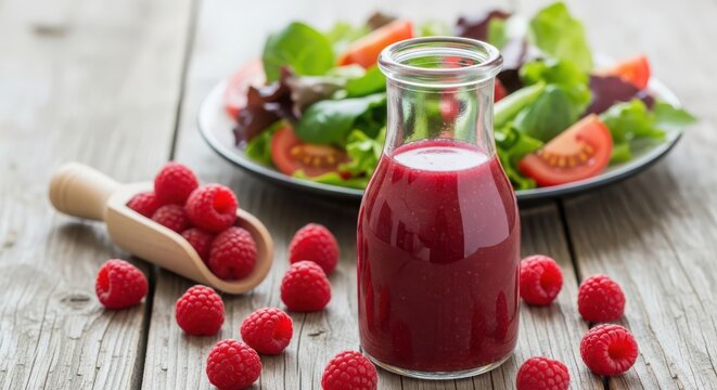 Raspberry vinaigrette salad dressing in a glass bottle with fresh raspberries