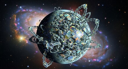 Cybernetic Planet in Deep Space with Galactic Background.