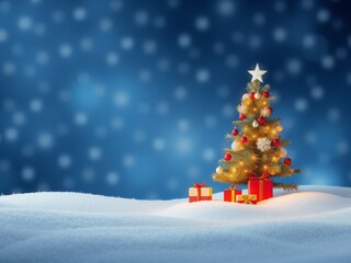 Glowing christmas tree with red gifts on snow, festive blue bokeh