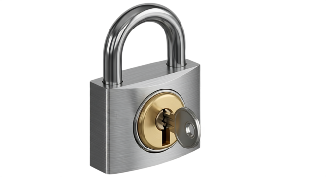 A close up of a silver padlock with a key inserted into the lock on a black isolated background