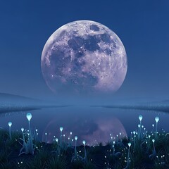 Magical night landscape with a large moon and bioluminescent flora.
