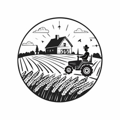 Morning Countryside Wheat Field with European Farmhouse and Farmer on Tractor – Linocut Style Illustration