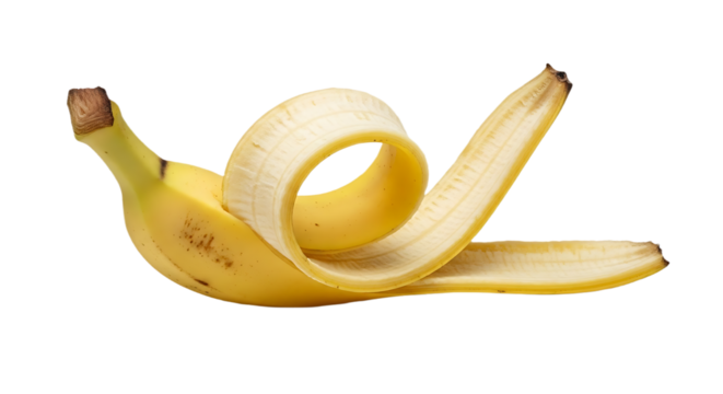 A partially peeled banana with a curled peel laying on a black surface in a studio shot close up view