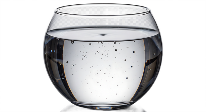 A clear glass bowl filled with water and small bubbles on a reflective black surface in a studio shot