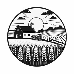 Morning Countryside Wheat Field with European Farmhouse and Farmer on Tractor – Linocut Style Illustration