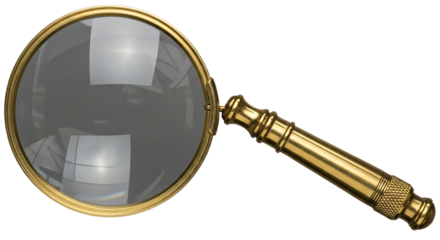 A close up of a gold magnifying glass with a clear lens and a decorative handle on a black background