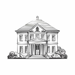 European classic house illustrated in a refined vintage engraving vector style.