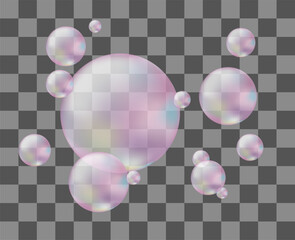 3d Pink Chrome Soap Bubbles. Realistic Translucent Air Bubbles on a transparent background. Flying soap bubbles, vector illustration.
