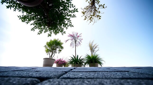 A low-angle perspective looking up at ornamental plants on a textured gray stone patio, with the expanse of a clear sky forming the upper frame, emphasizing height and depth