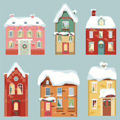 Set of Christmas cute houses on isolated background.