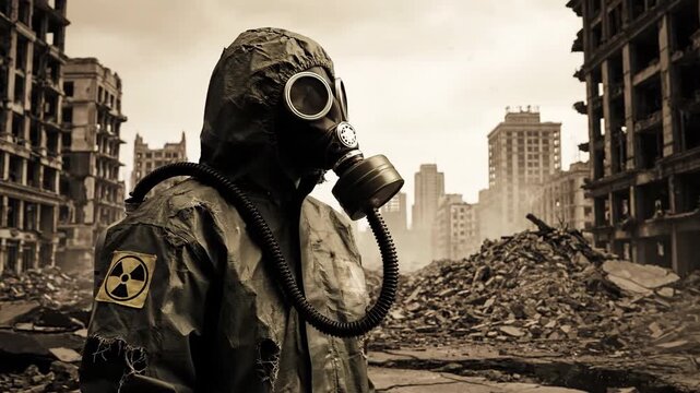 A lone survivor in a gas mask stands amidst a ruined cityscape, with sepia tones and rubble creating a desolate scene, buildings and debris, and reflecting a post-disaster environment.