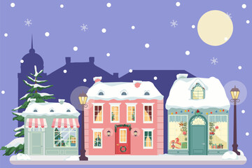 Fototapeta premium New Year's evening street with cute houses and shops on isolated background.