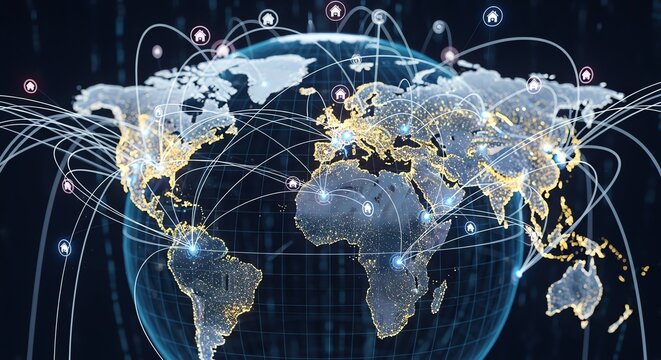 Global network connections on world map