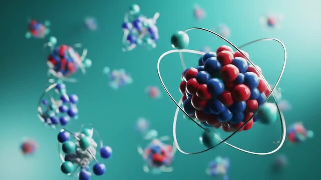 Atomic Nucleus Structure Visualization with Red and Blue Spheres on a Soft Green Background with Electron Orbitals Science Concept