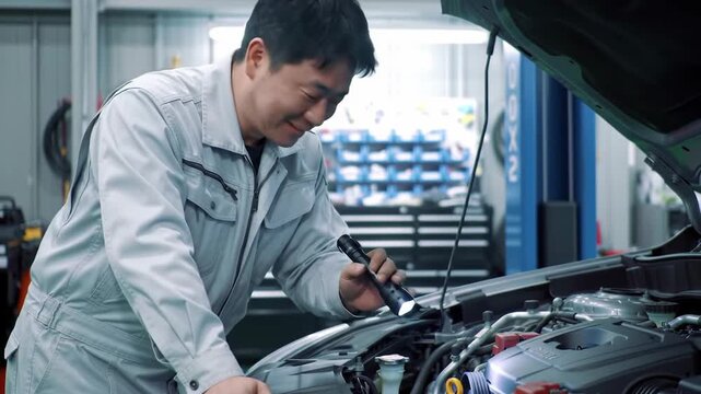 Professional mechanic inspecting a car engine with a flashlight in a garage setting, wearing a gray uniform with blue pillars background