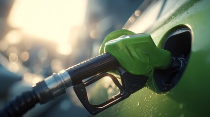 Green gas pump fueling car with gasoline, energy concept, sustainable transportation, saving money on fuel