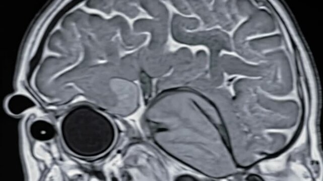 Black and white brain scan in coronal view, showcasing detailed anatomy. Medical visualization of the cerebrum, frontal and maxillary sinuses, and optic nerve.