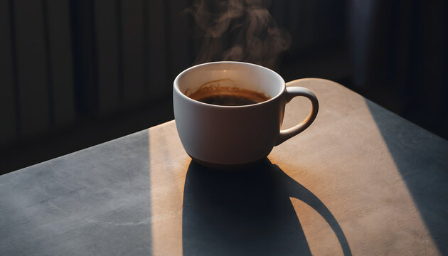 cozy images of a steaming cup of coffee or tea placed on a dark table surface. The warm, low-angle light highlights the steam and creates a cozy, contemplative mood. - Powered by Adobe