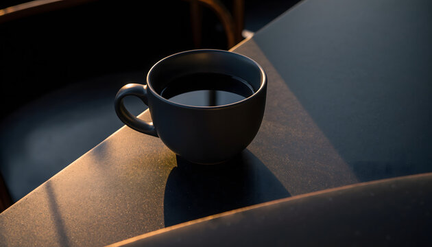 cozy images of a steaming cup of coffee or tea placed on a dark table surface. The warm, low-angle light highlights the steam and creates a cozy, contemplative mood.