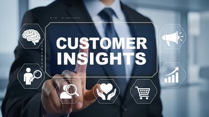 A businessman in a suit touches a digital interface displaying customer insights, set against a modern office backdrop. The image symbolizes strategic marketing analysis. - Powered by Adobe